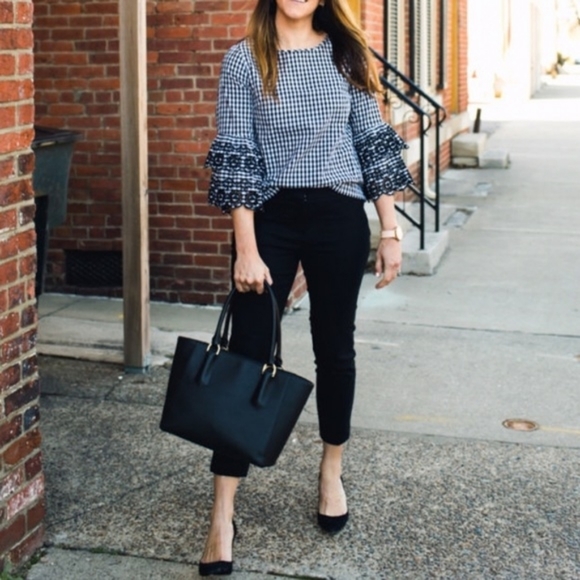 J. Crew Tops - J. CREW TIERED BELL SLEEVE TOP GINGHAM PRINT